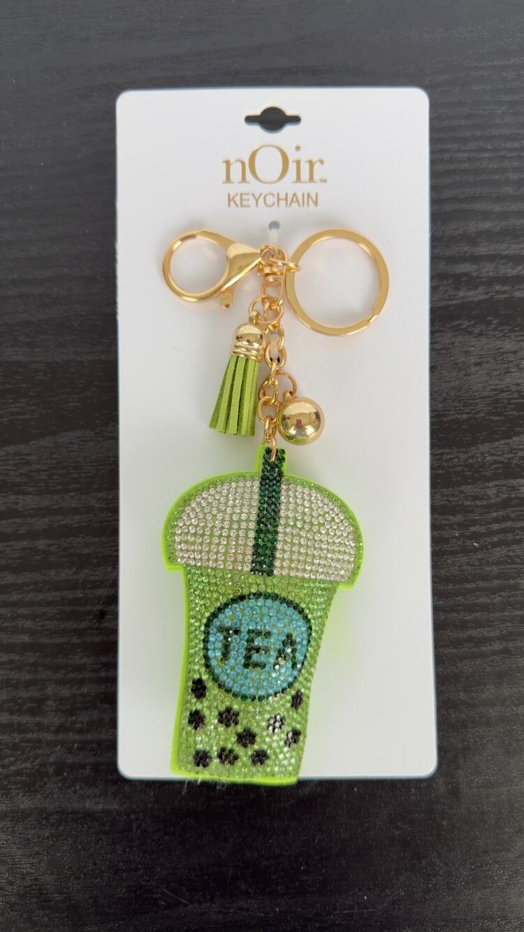 Bling Rhinestone Green Boba Tea Puffy Keychain - Tassel Bag Charm - NEW